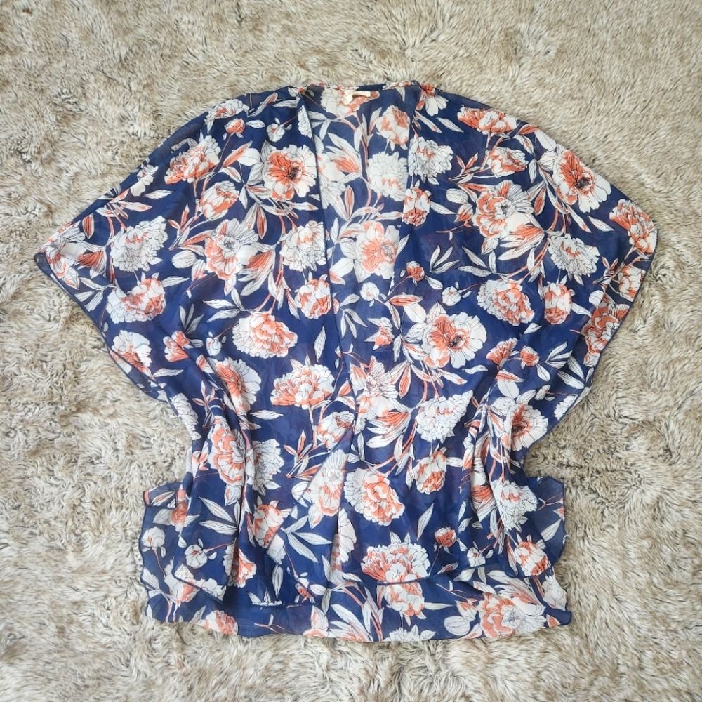 Emory Park Blue Kimono Cardigan Orange Floral Women's Size Small